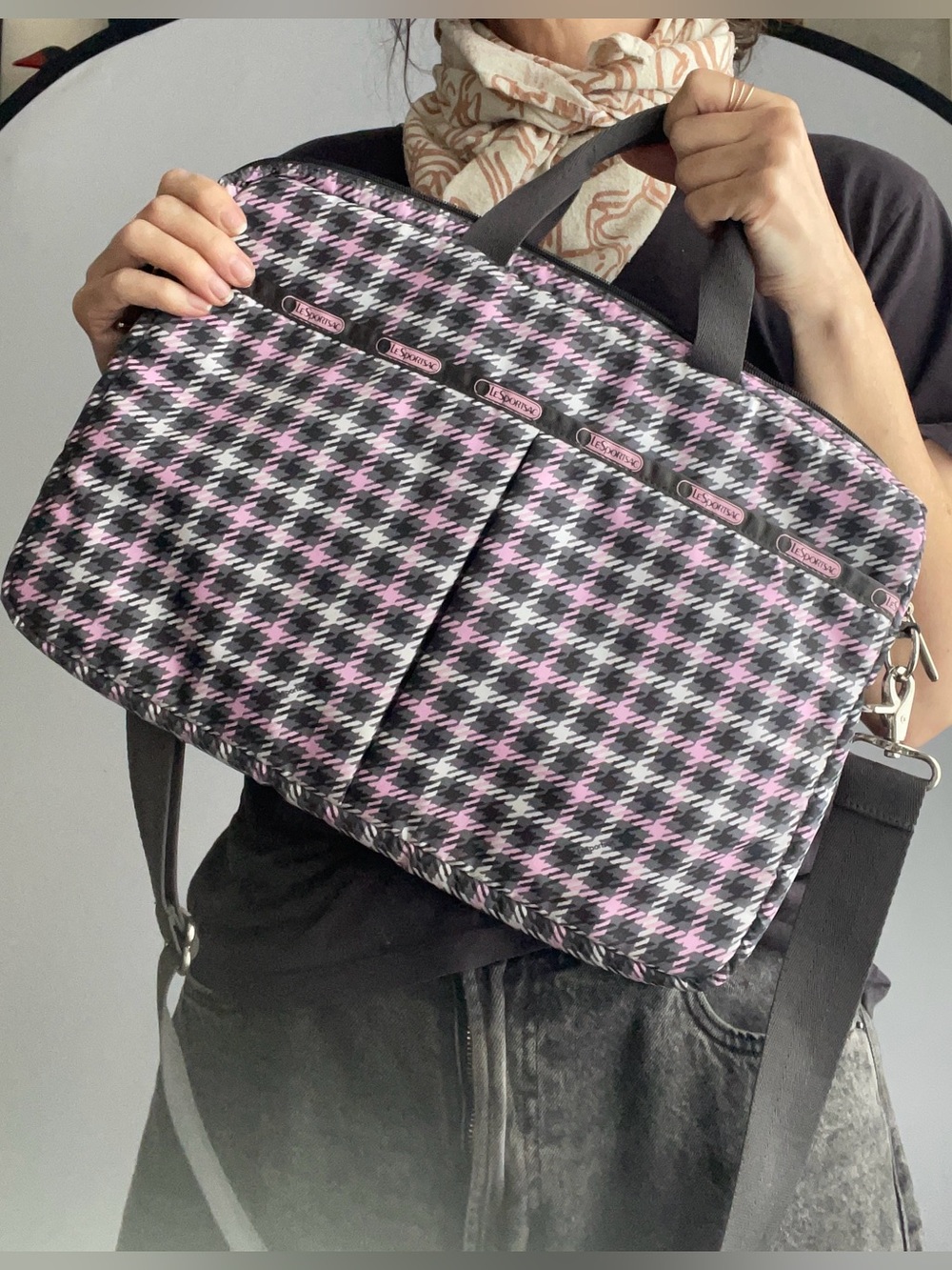 Lesportsac Laptop Case Pink Grey Plaid Crossbody Bag